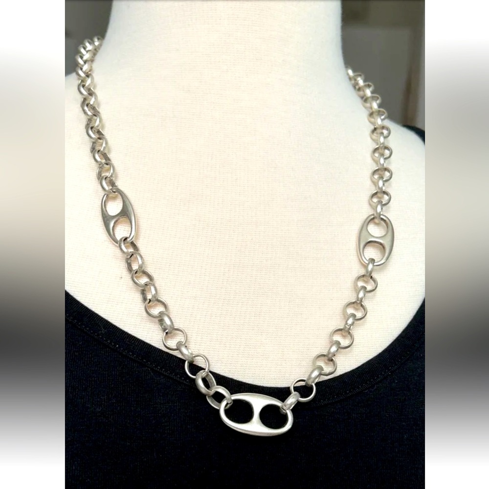 Silver plated statement necklace rolo chain soda pop connectors 26” long lobster